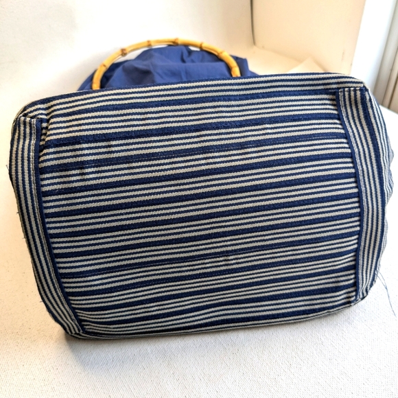 Old Country Road Handbag Bamboo Clutch Polyester Navy Blue Grey Stripes L-2 - Picture 7 of 13